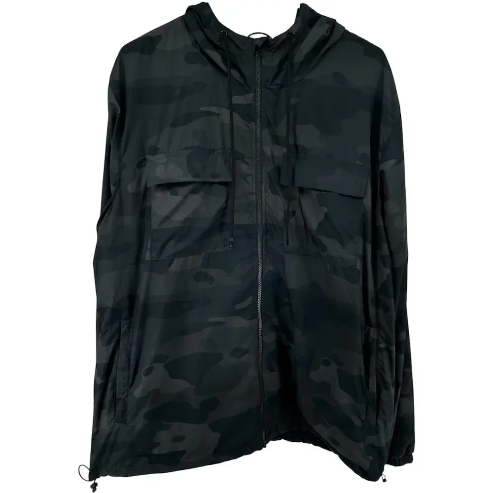 Alo Stride Camo Hooded Jacket Full Zip Pockets Drawstring Camo Gray Black XL